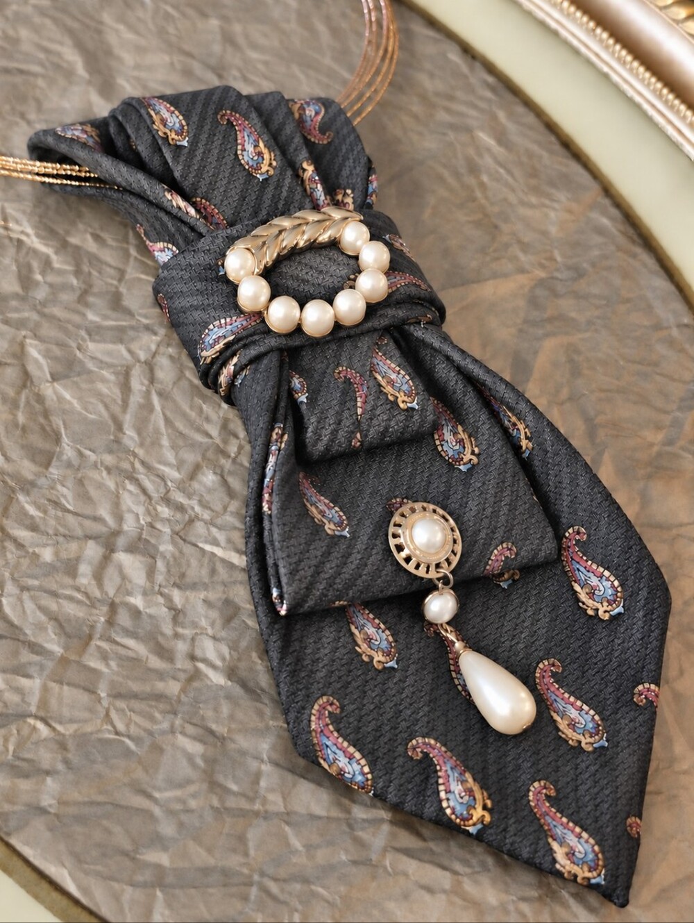 Christian Dior Vintage Paisley Silk Tie Necklace With Vintage Marked Brooch